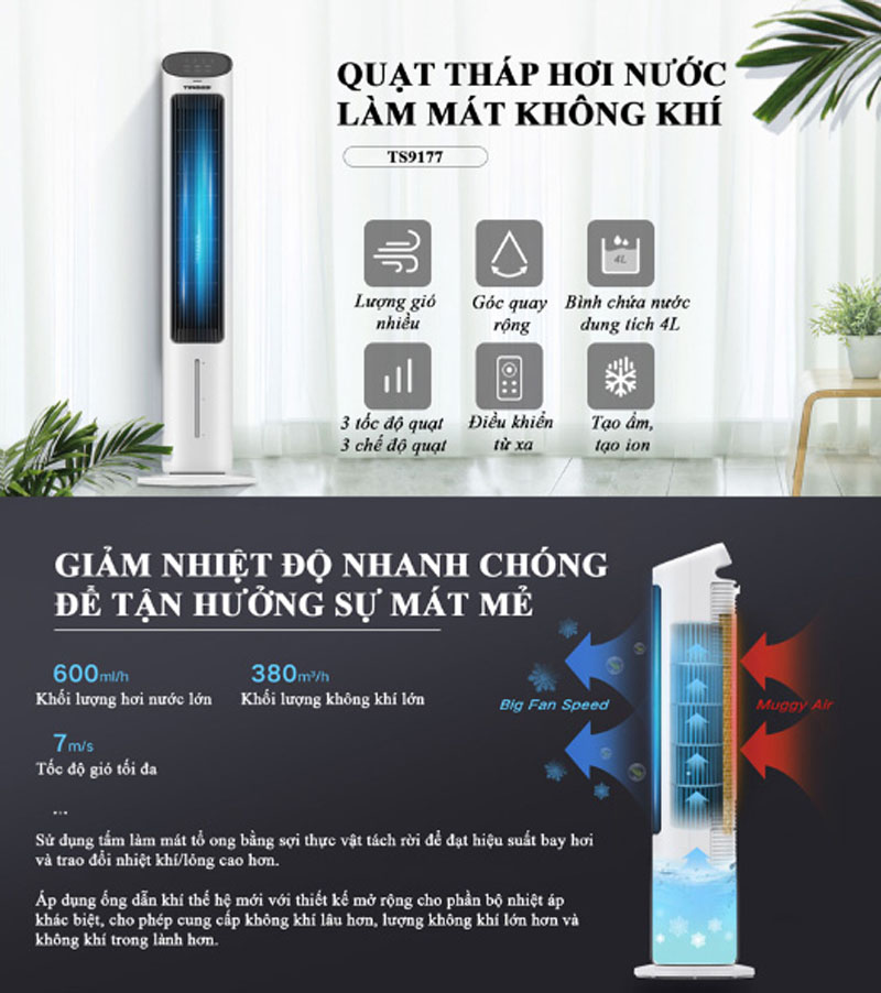 Quạt tháp hơi nước Tiross TS9177 - Hàng chính hãng