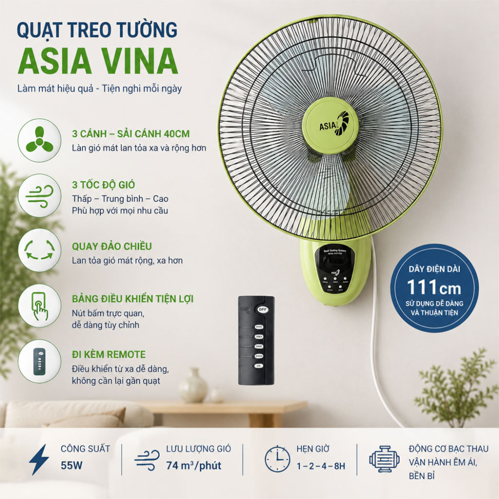 Quạt treo tường Asiavina VY377290 - Hàng chính hãng