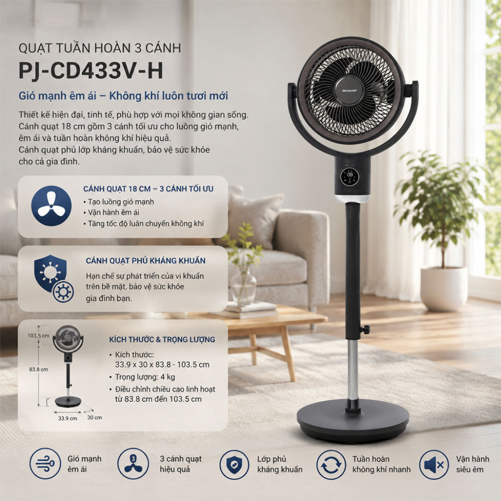 Quạt tuần hoàn Sharp 3 cánh PJ-CD433V-H 20W - Hàng chính hãng
