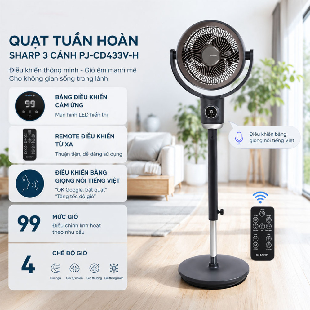 Quạt tuần hoàn Sharp 3 cánh PJ-CD433V-H 20W - Hàng chính hãng