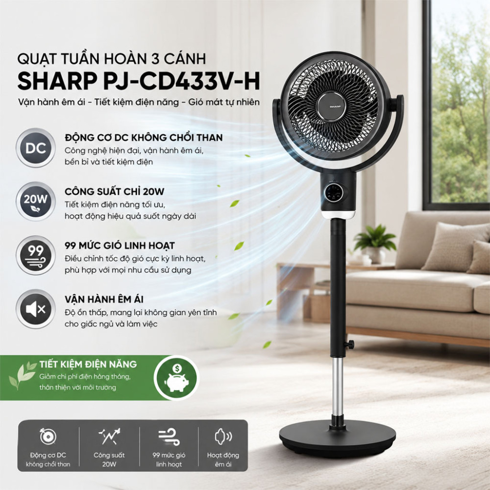 Quạt tuần hoàn Sharp 3 cánh PJ-CD433V-H 20W - Hàng chính hãng