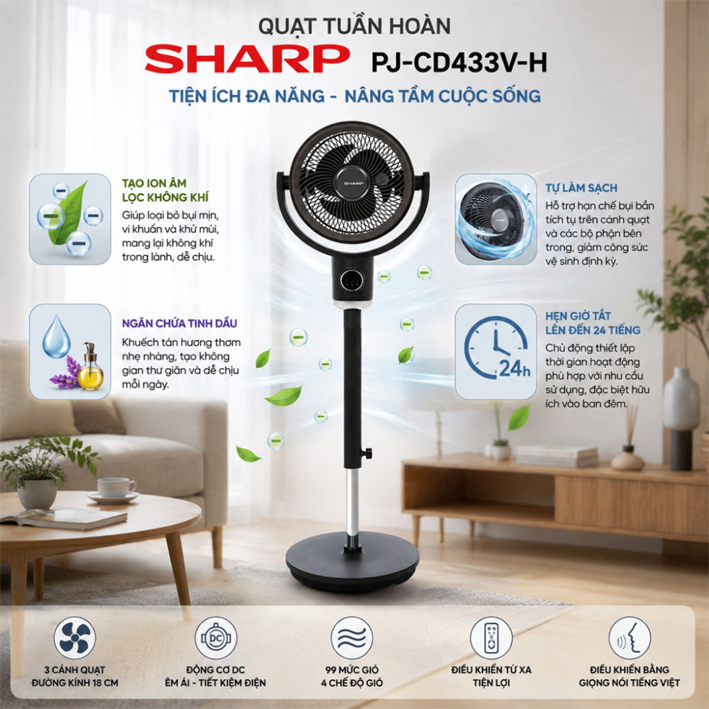 Quạt tuần hoàn Sharp 3 cánh PJ-CD433V-H 20W - Hàng chính hãng