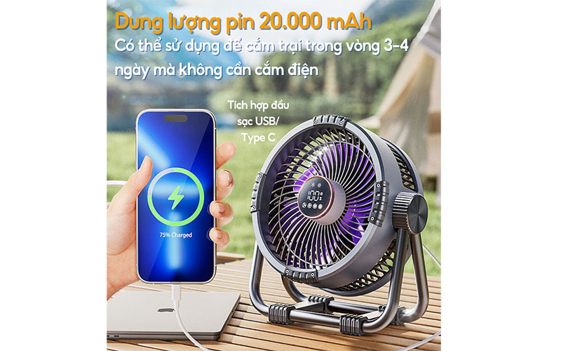 Quạt sạc tích điện Tiross TS2285 - Hàng chính hãng