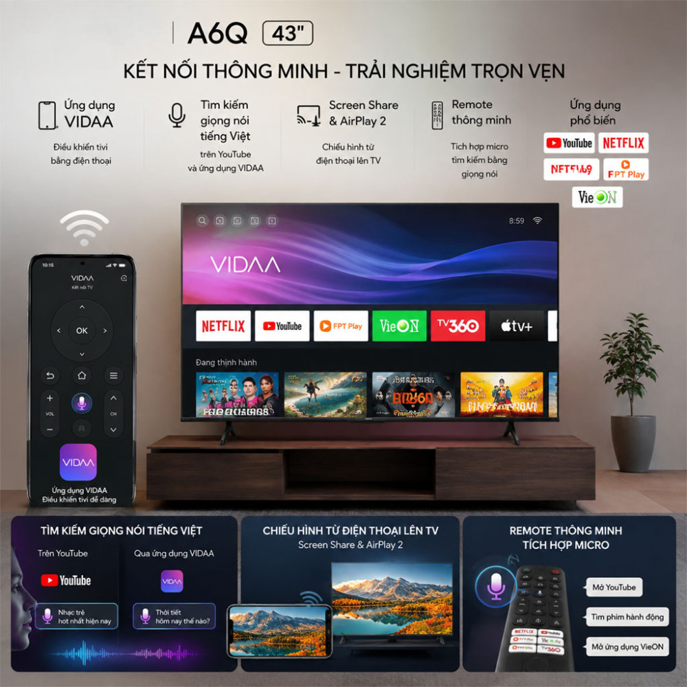 Smart Tivi Hisense 4K 43 inch 43A6Q - Hàng chính hãng