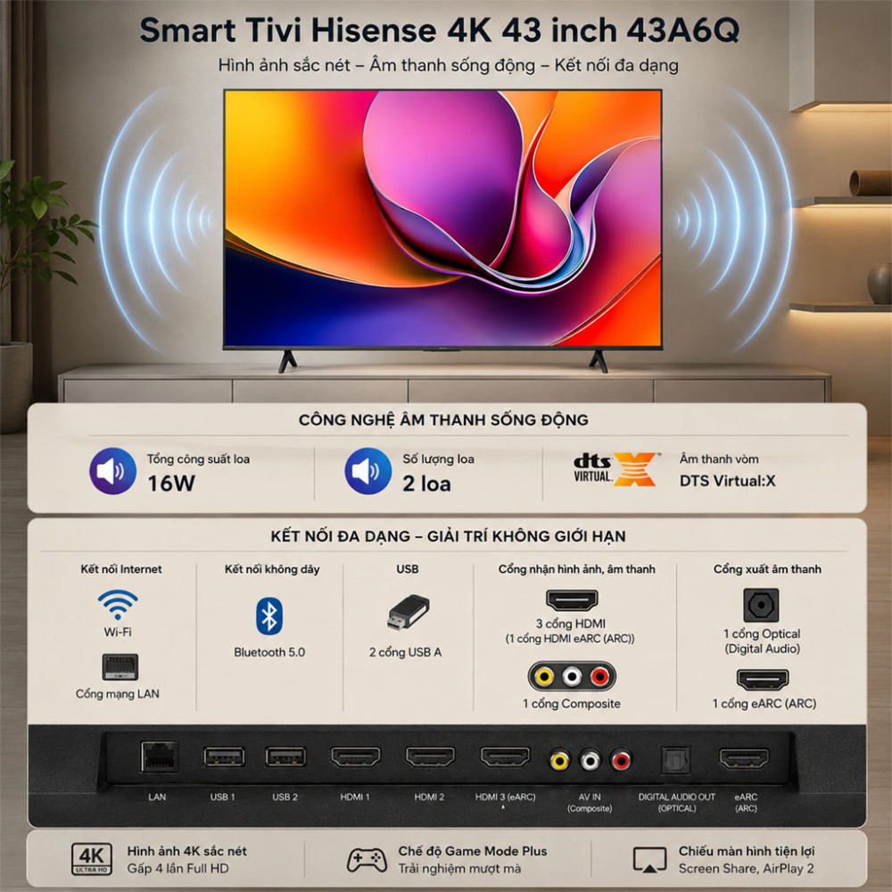 Smart Tivi Hisense 4K 43 inch 43A6Q - Hàng chính hãng