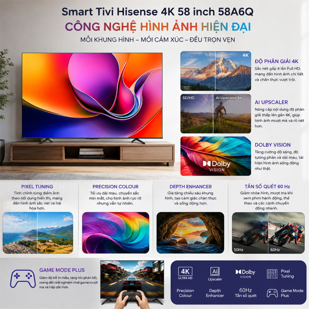 Smart Tivi Hisense 4K 58 inch 58A6Q - Hàng chính hãng