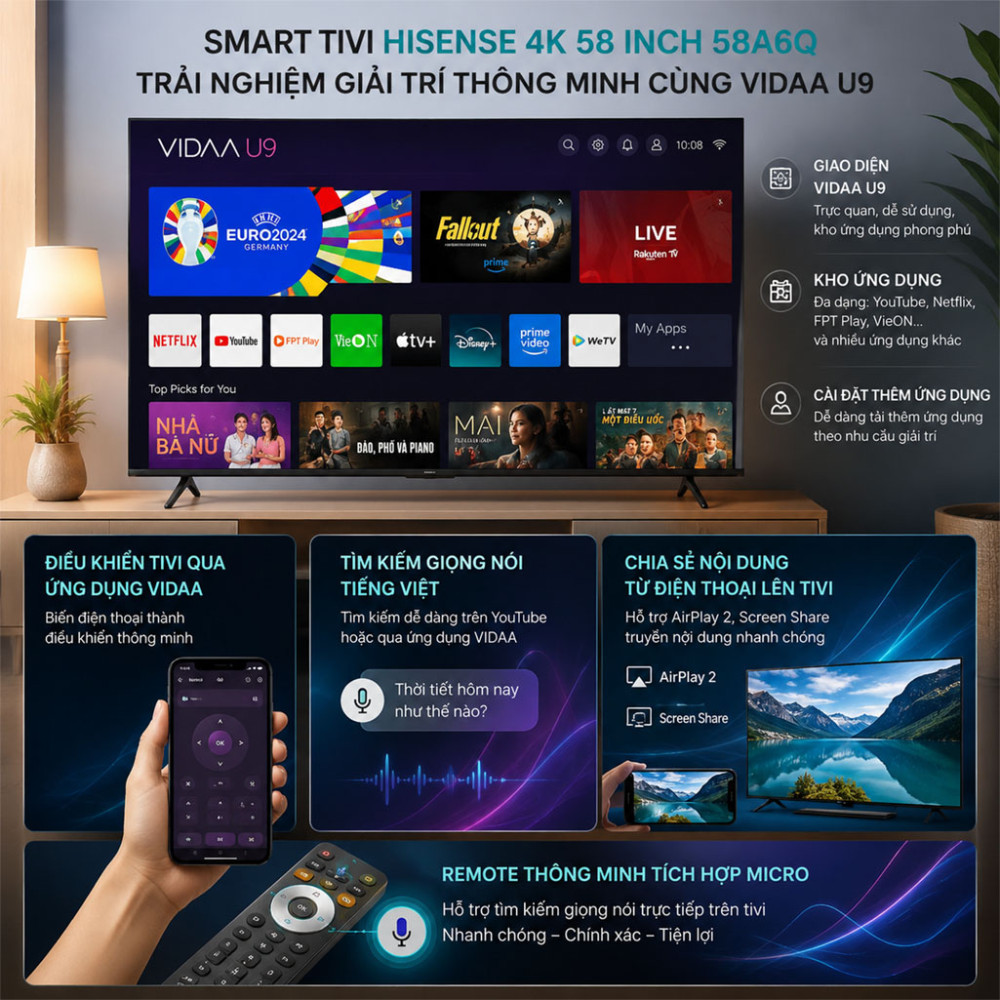 Smart Tivi Hisense 4K 58 inch 58A6Q - Hàng chính hãng
