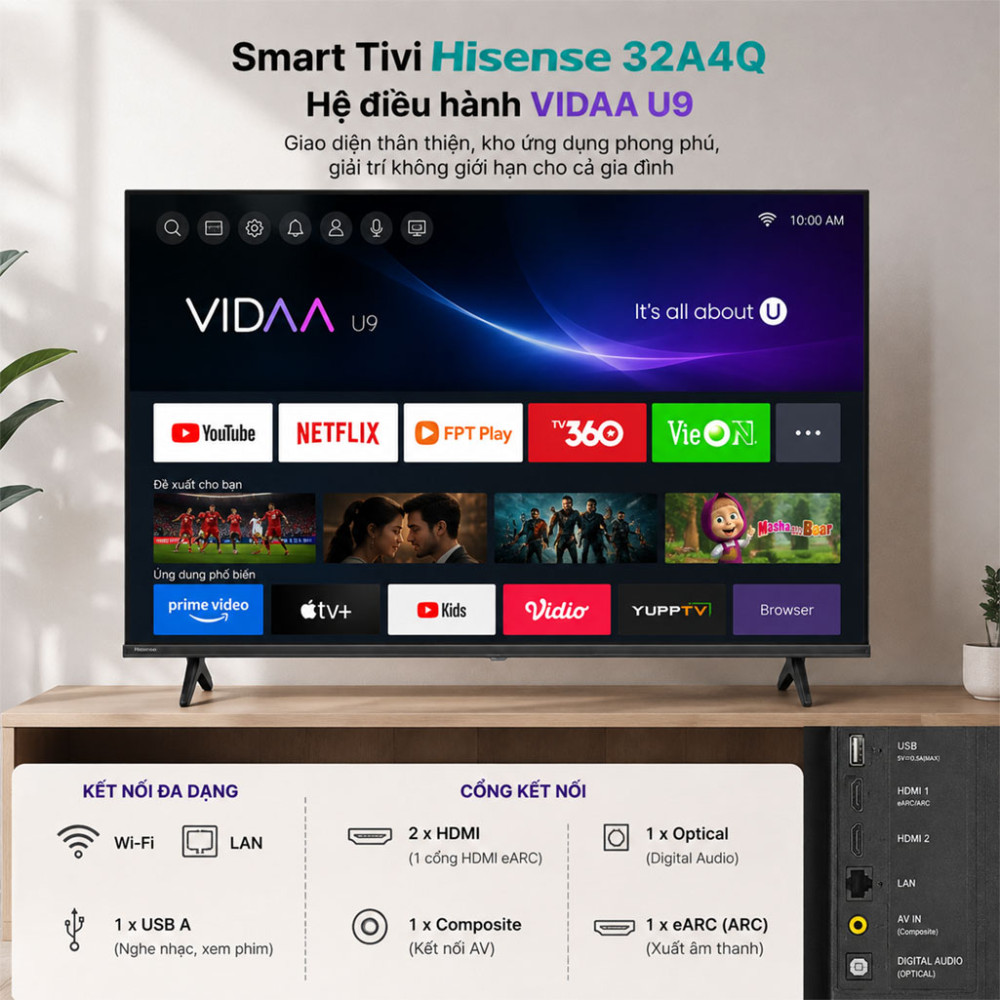 Smart tivi Hisense 32 inch 32A4Q - Hàng chính hãng