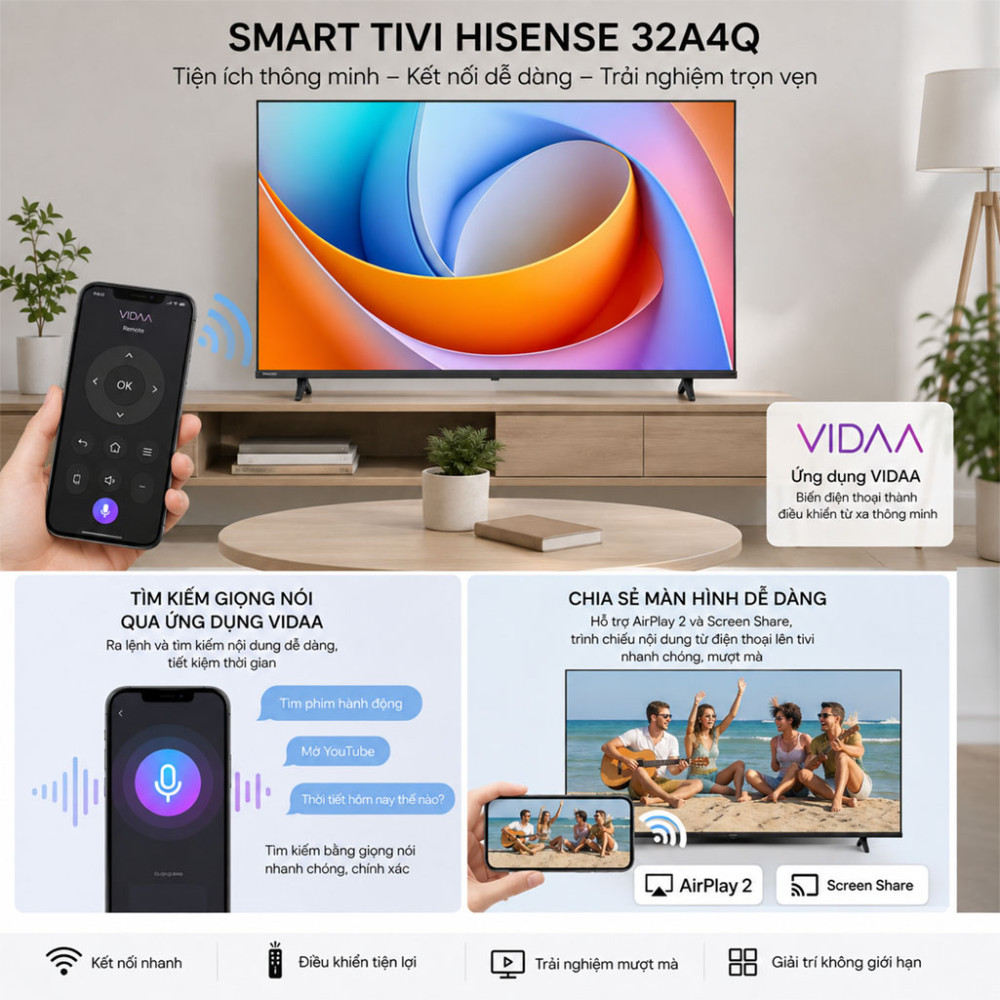 Smart tivi Hisense 32 inch 32A4Q - Hàng chính hãng