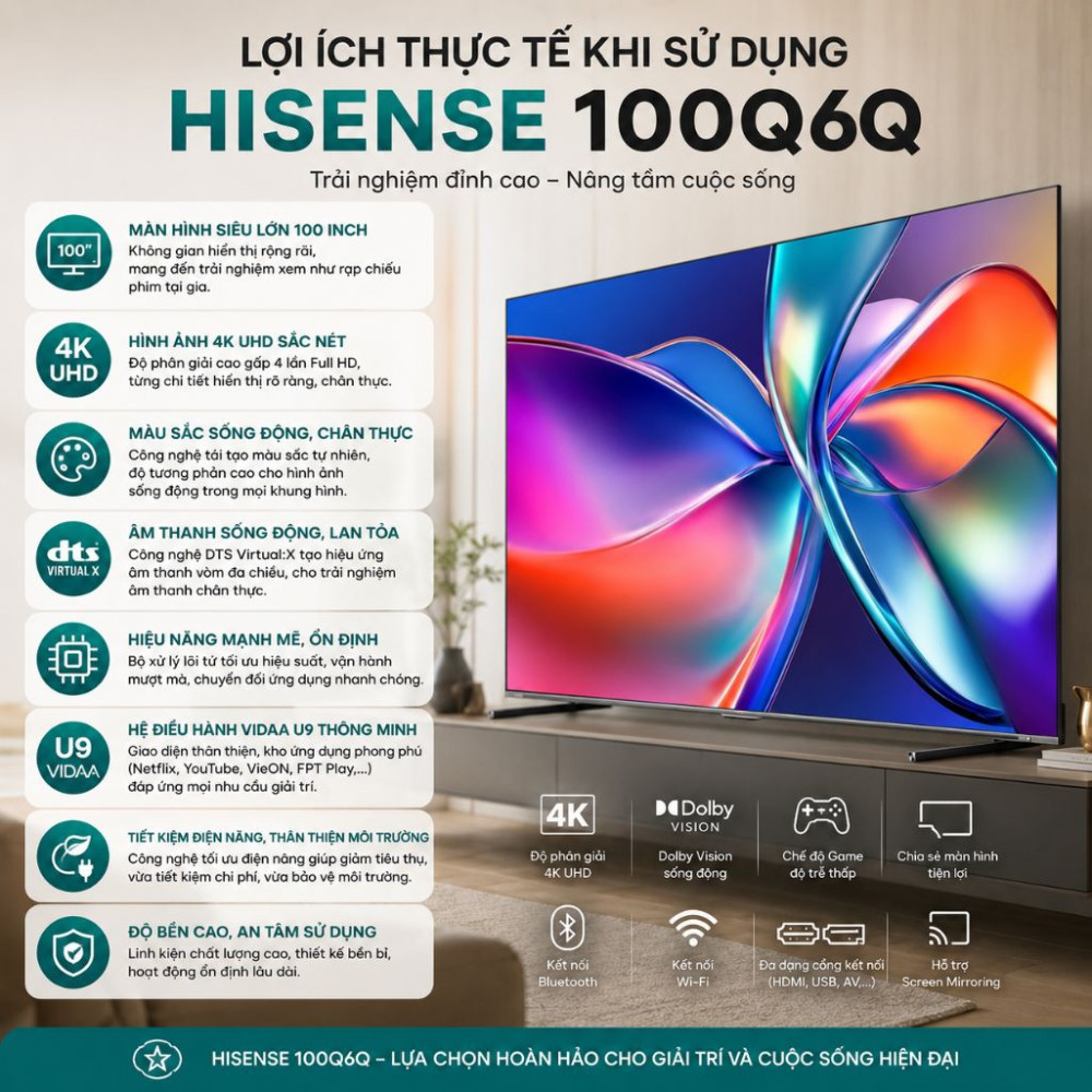 Smart tivi QLed Hisense 4K 100 inch 100Q6Q - Hàng chính hãng