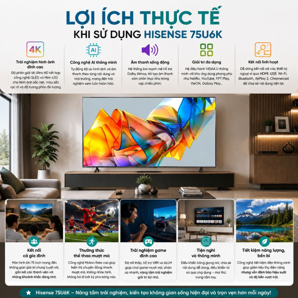 Smart tvi Uled Hisense 4K 75 inch 75U6K - Hàng chính hãng