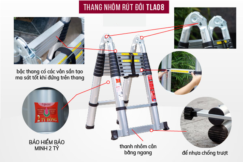 Thang nhôm rút gọn chữ A FujiHome TLA08 - Hàng chính hãng