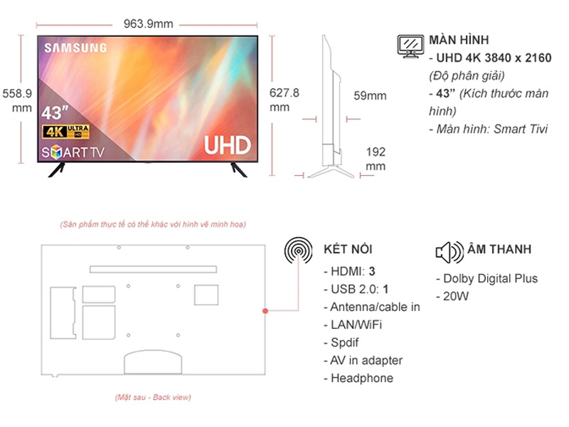Smart Tivi Samsung UA43AU7700KXXV - Hàng chính hãng