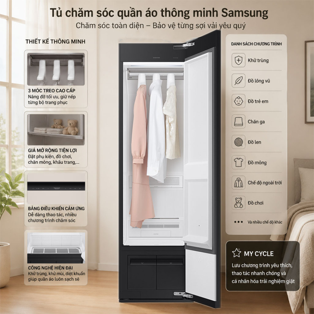 Tủ chăm sóc quần áo thông minh Samsung Bespoke AirDresser 3 móc DF18CB8600ERSV - Hàng chính hãng