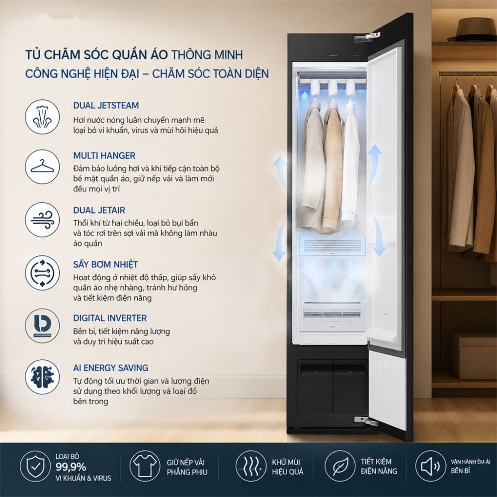 Tủ chăm sóc quần áo thông minh Samsung Bespoke AirDresser 3 móc DF18CB8600ERSV - Hàng chính hãng