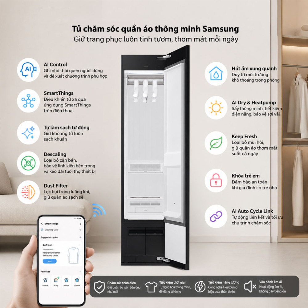 Tủ chăm sóc quần áo thông minh Samsung Bespoke AirDresser 3 móc DF18CB8600ERSV - Hàng chính hãng