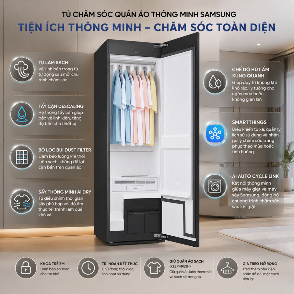 Tủ chăm sóc quần áo thông minh Samsung Bespoke AirDresser 5 móc DF24CB9900CRSV - Hàng chính hãng