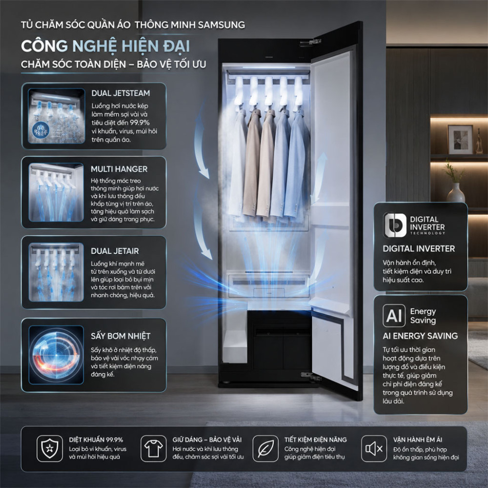Tủ chăm sóc quần áo thông minh Samsung Bespoke AirDresser 5 móc DF24CB9900CRSV - Hàng chính hãng
