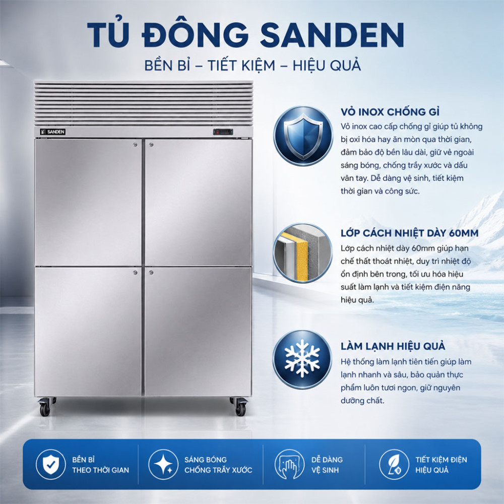 Tủ đông 4 cánh inox Sanden SRF-1233 - Hàng chính hãng