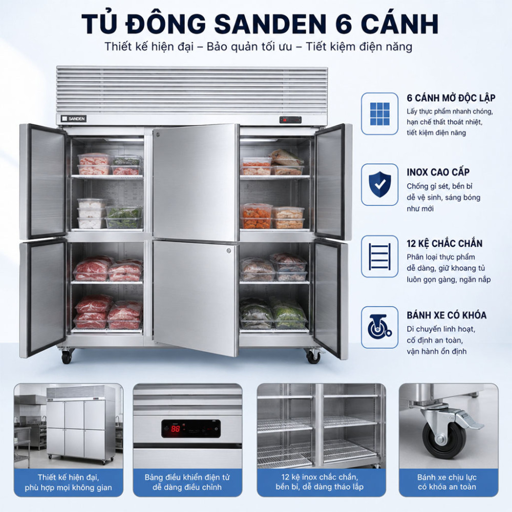Tủ đông 6 cánh inox Sanden SRF-1853 - Hàng chính hãng