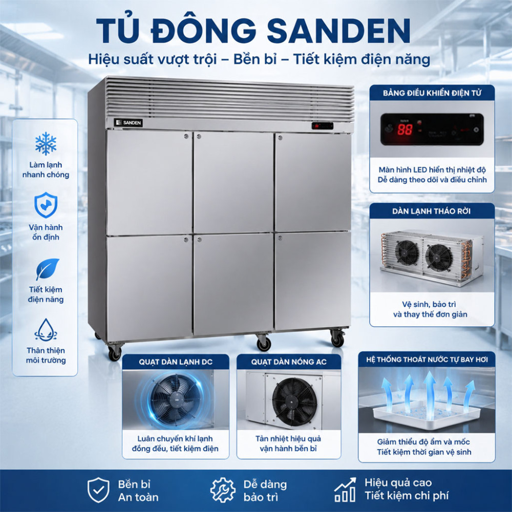 Tủ đông 6 cánh inox Sanden SRF-1853 - Hàng chính hãng