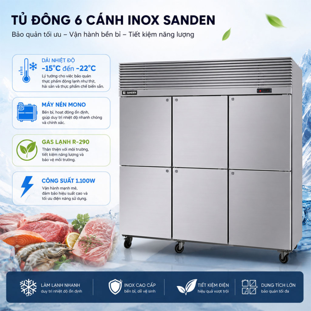 Tủ đông 6 cánh inox Sanden SRF-1853 - Hàng chính hãng