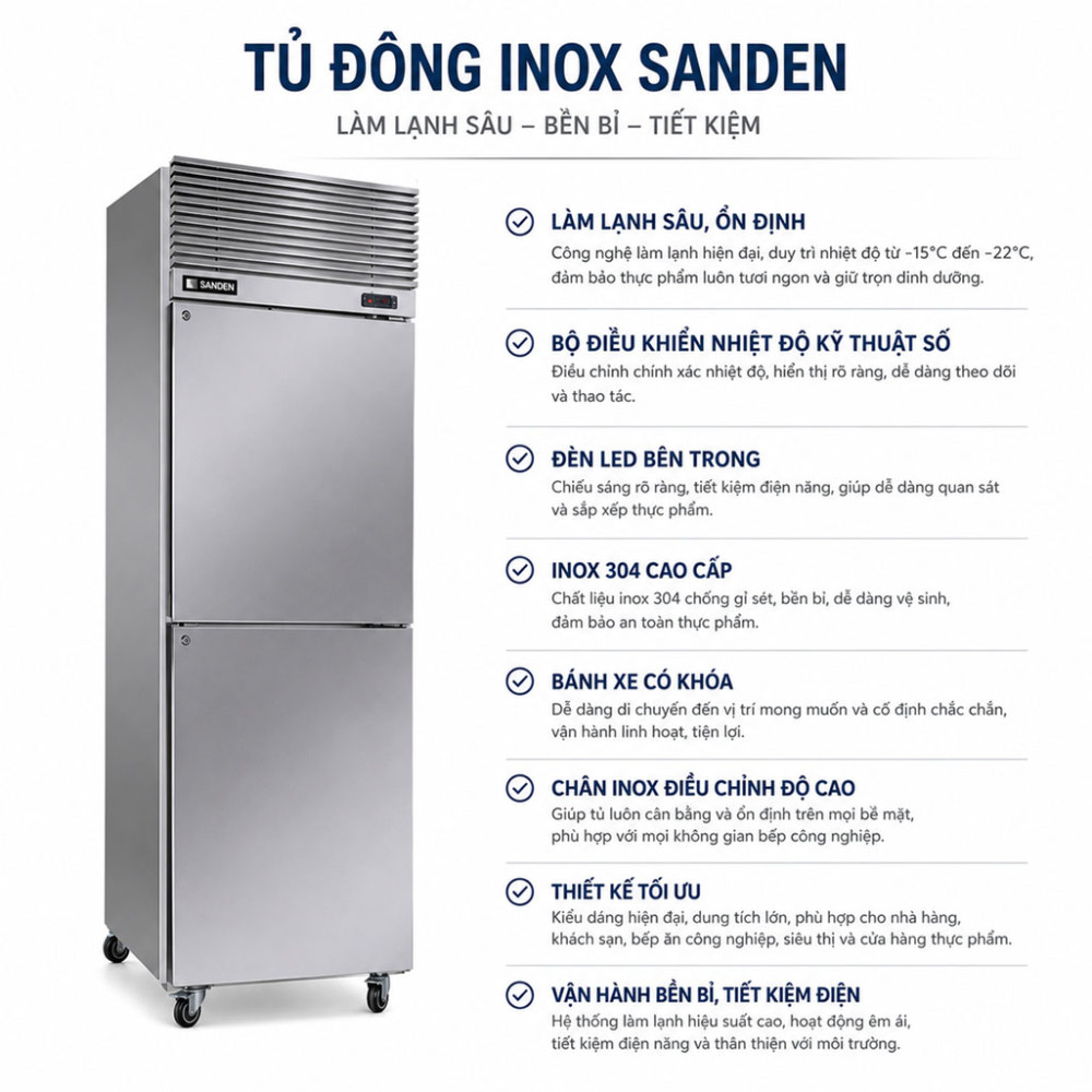 Tủ đông inox 304 Sanden SRF-0613 530L - Hàng chính hãng