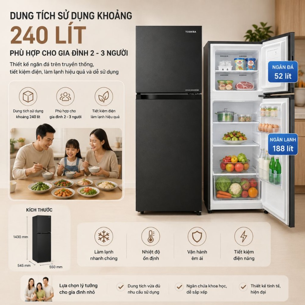 Tủ lạnh Toshiba Inverter 240 lít GR-RT310WE-PMV(68) - Hàng chính hãng