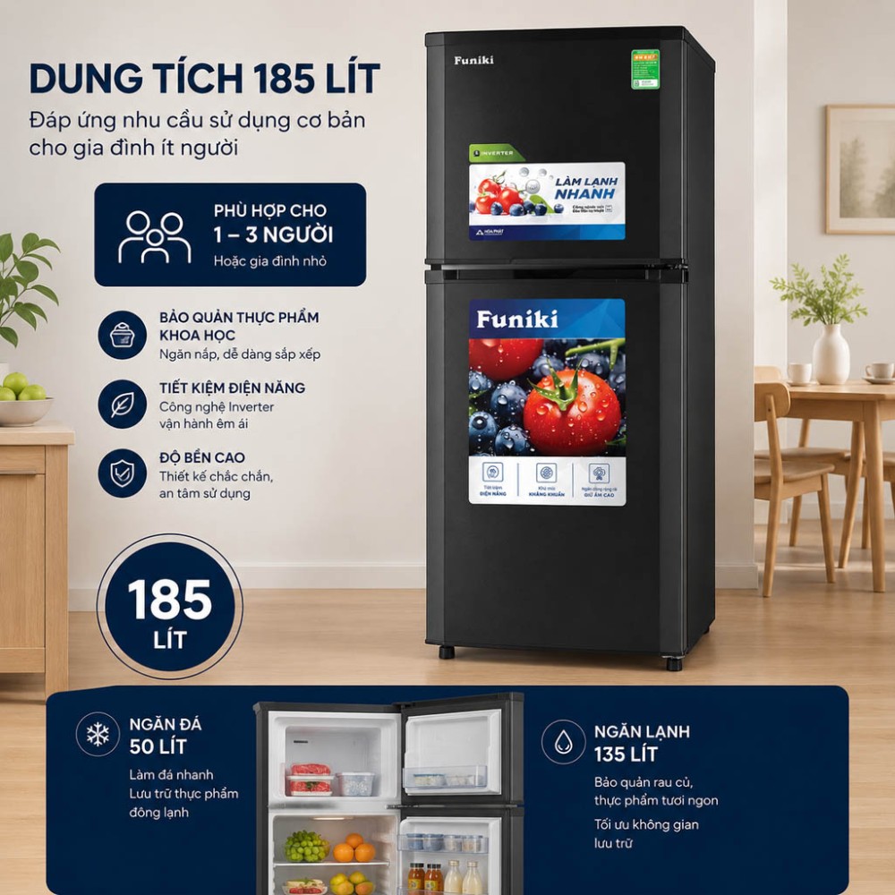 Tủ lạnh Inverter Funiki 185 lít HR T8185TDG - Hàng chính hãng