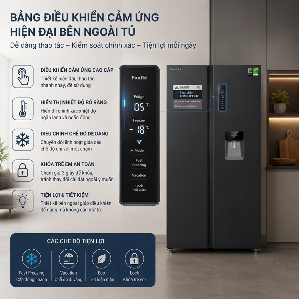 Tủ lạnh Funiki Inverter 535 lít Side By Side HR SS8535TDG - Hàng chính hãng