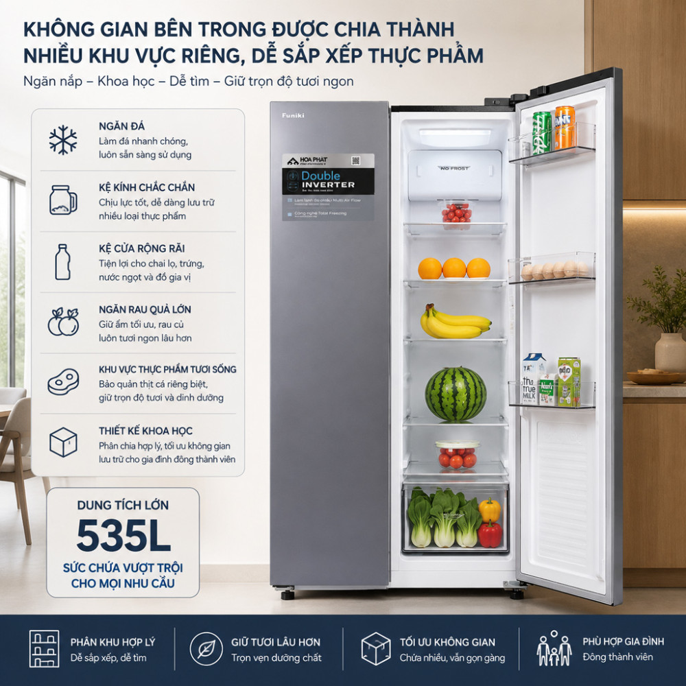 Tủ lạnh Funiki Inverter 535 lít Side By Side HR SS8535DG - Hàng chính hãng