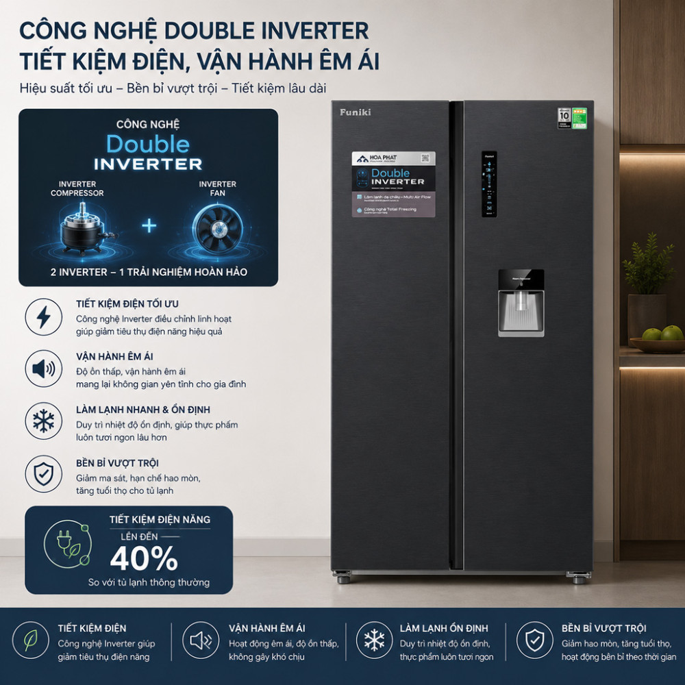 Tủ lạnh Funiki Inverter 535 lít Side By Side HR SS8535TDG - Hàng chính hãng