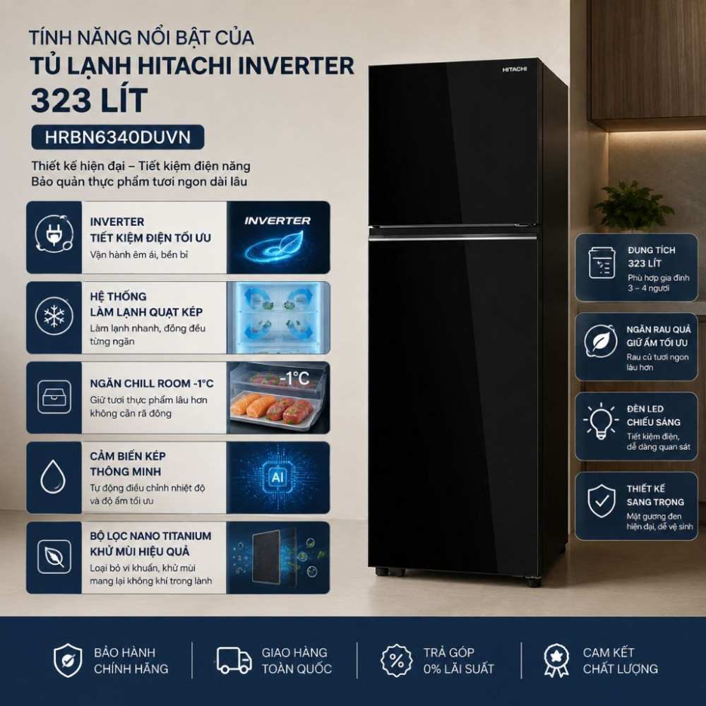 Tủ lạnh Hitachi Inverter 323 lít HRBN6340DUVN - Hàng chính hãng