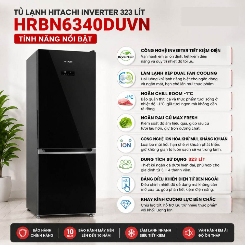 Tủ lạnh Hitachi Inverter 323 lít HRBN6340DUVN - Hàng chính hãng