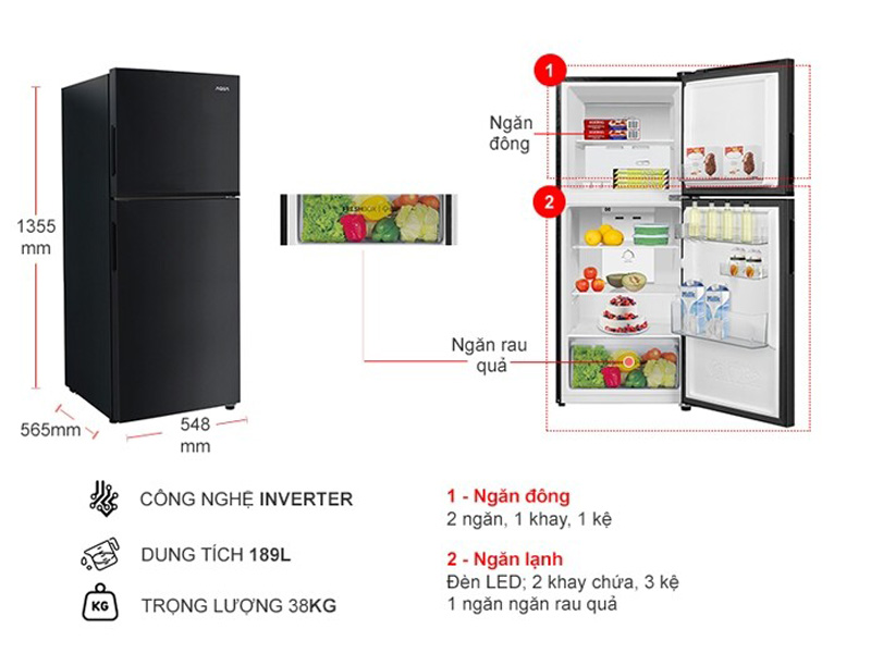 Tủ lạnh Aqua Inverter 189 lít AQR-T220FA(FB) - Hàng chính hãng