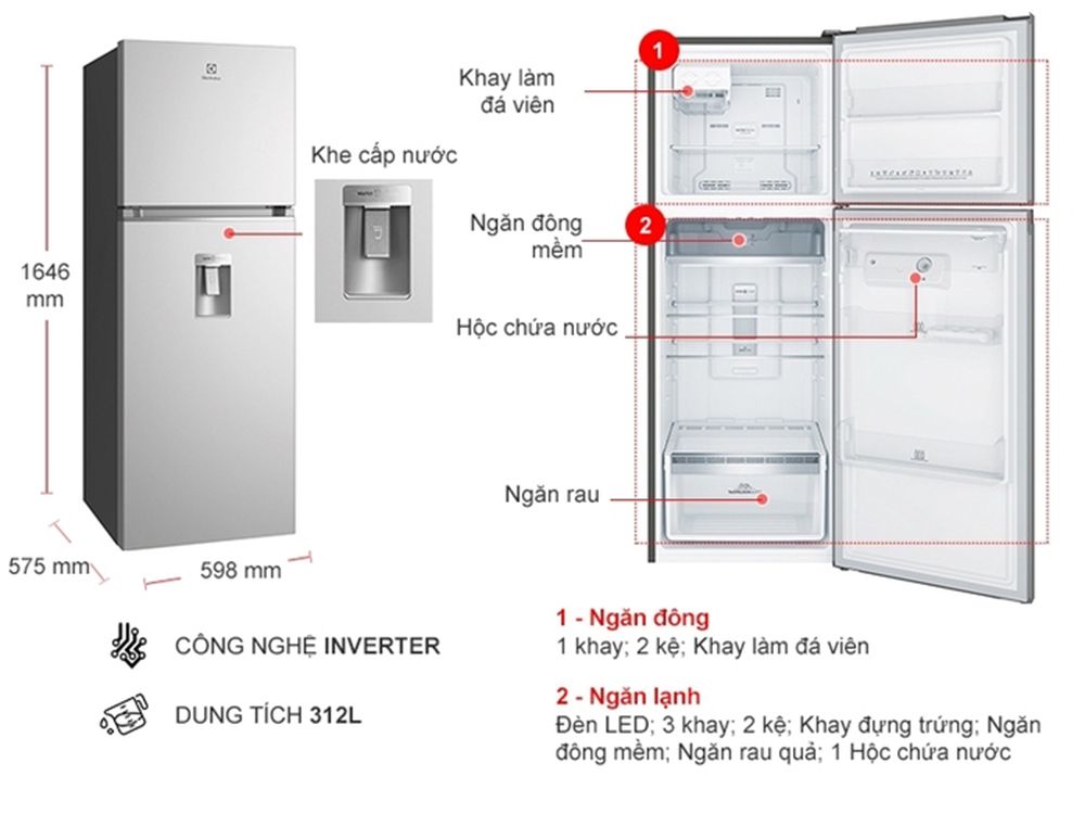 Tủ lạnh Electrolux Inverter 312 lít ETB3440K-A - Hàng chính hãng