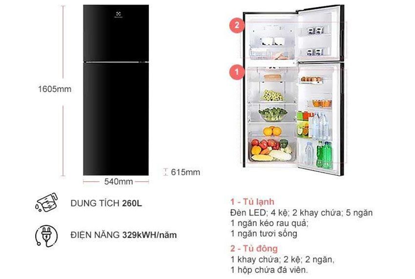 Tủ lạnh inverter 260 lít Electrolux ETB2802H-H - Hàng chính hãng