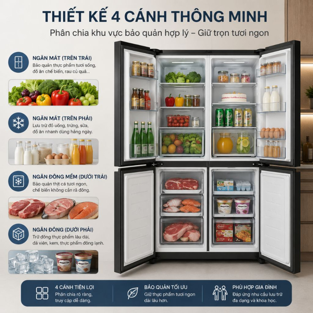 Tủ lạnh kitchen-fit 4 cánh 79cm 423L Malloca MF428SBI - Hàng chính hãng