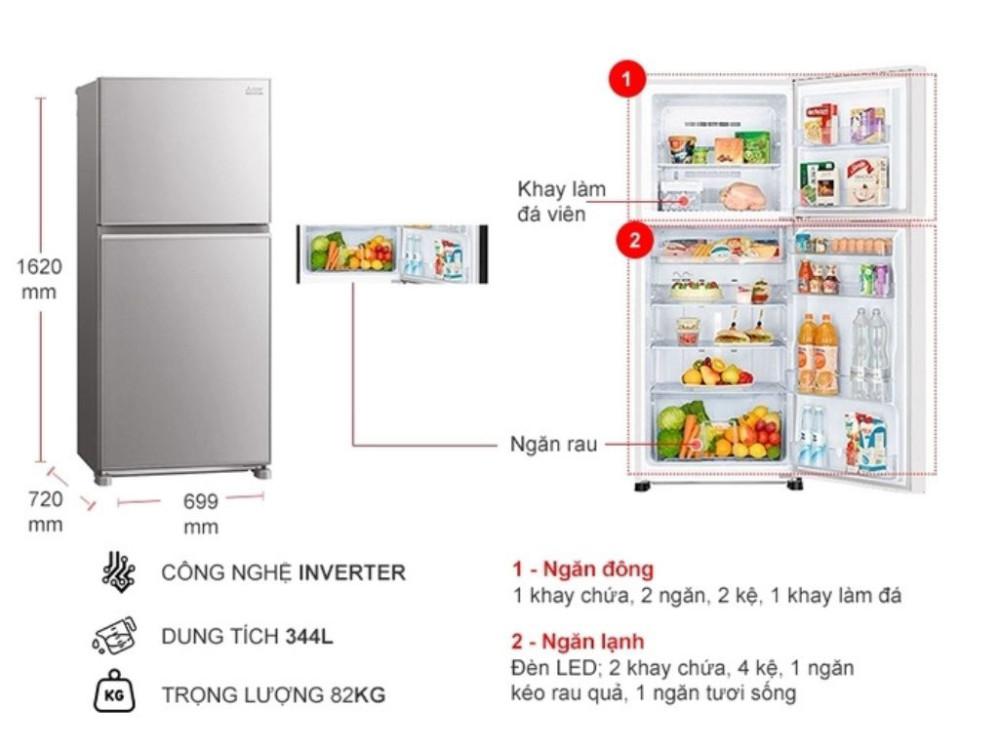 Tủ lạnh Mitsubishi Electric inverter 344 lít MR-FX43EN-GSL-V - Hàng chính hãng