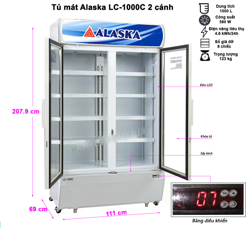 Tủ mát 2 cánh kính Alaska LC-1000C - Hàng chính hãng