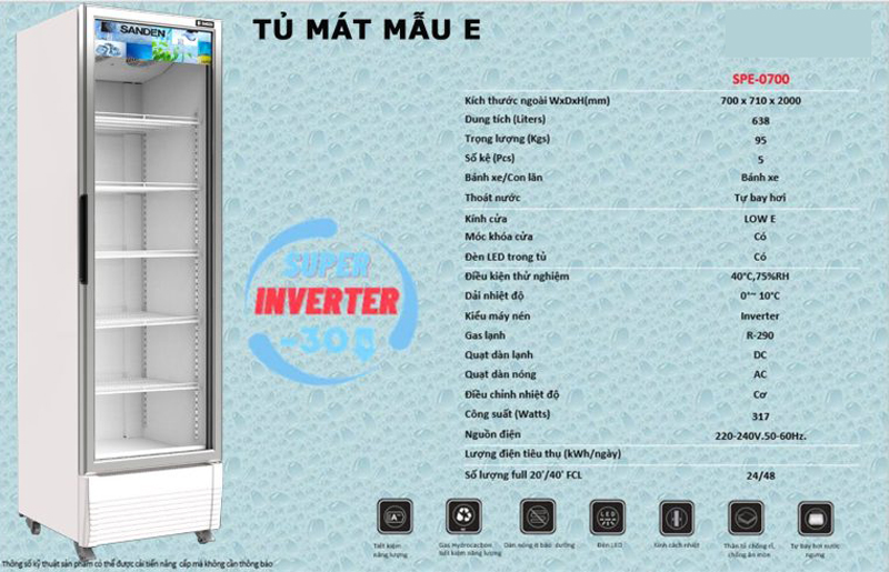 Tủ mát Sanden inverter SPE-0700 - Hàng chính hãng