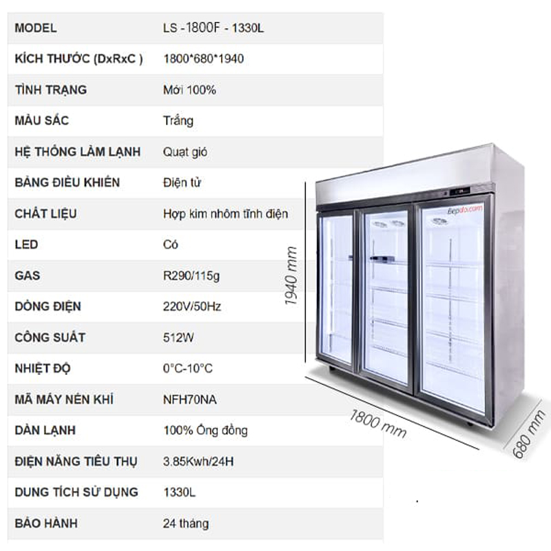 Tủ mát 3 cánh kính Lightcool LS-1200F - Hàng chính hãng