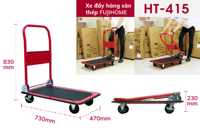 Xe đẩy hàng sàn thép 4 bánh Fujihome HT-415 - Hàng chính hãng
