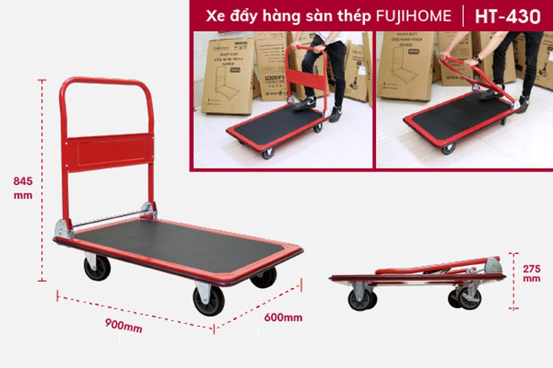 Xe đẩy hàng 4 bánh sàn thép FujiHome HT-430 - Hàng chính hãng