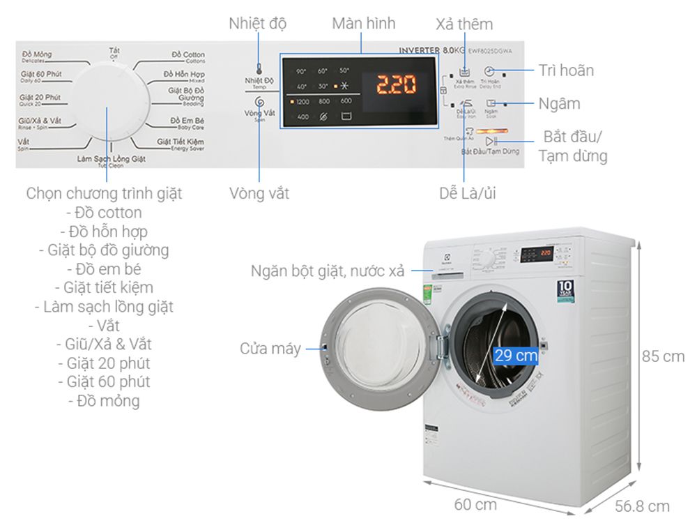 Máy giặt Electrolux Inverter 8 Kg EWF8025DGWA - Hàng chính hãng