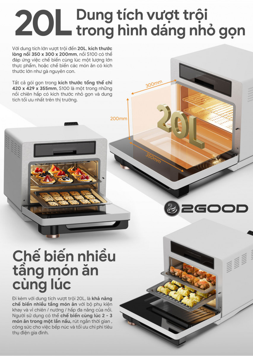 Nồi chiên không dầu kèm hấp 2GOOD S100 - Hàng chính hãng