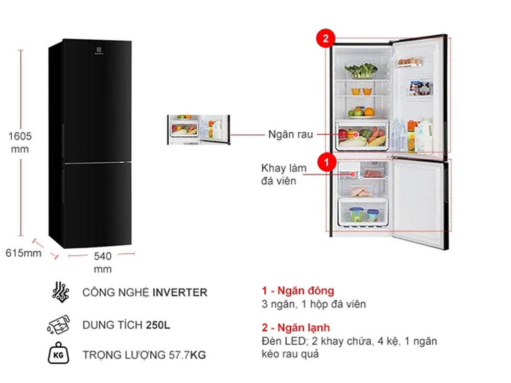 Tủ Lạnh Inverter Electrolux 253 Lít EBB2802K-H - Hàng chính hãng