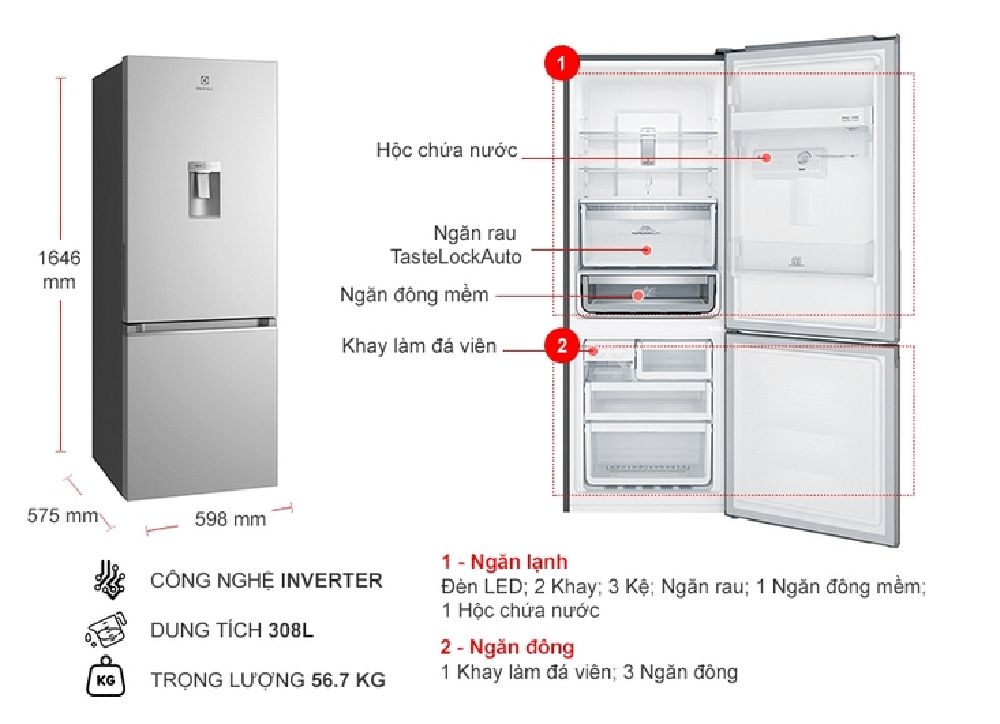 Tủ lạnh Electrolux Inverter 308 lít EBB3442K-A - Hàng chính hãng