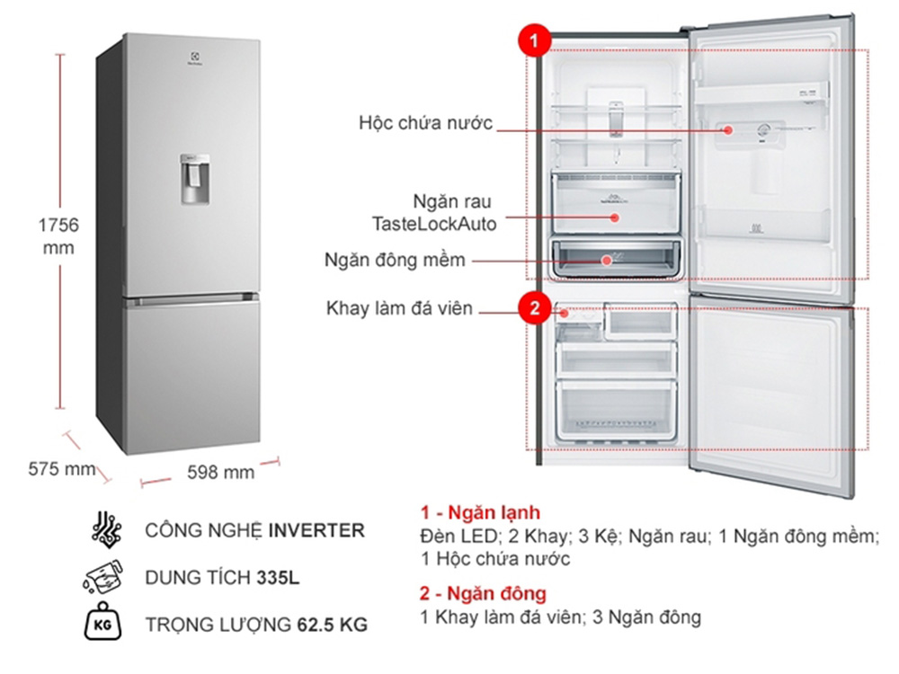 Tủ lạnh Electrolux Inverter 335 lít EBB3742K-A - Hàng chính hãng